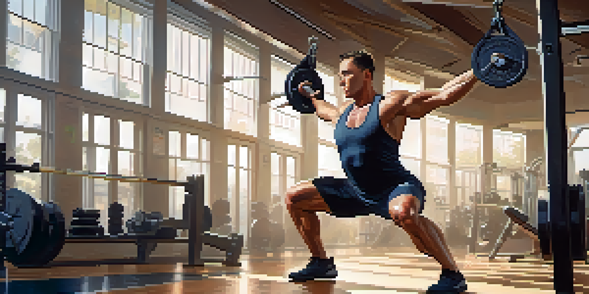 A powerlifter performing dynamic stretches like leg swings and arm circles in a well-lit gym, surrounded by equipment.