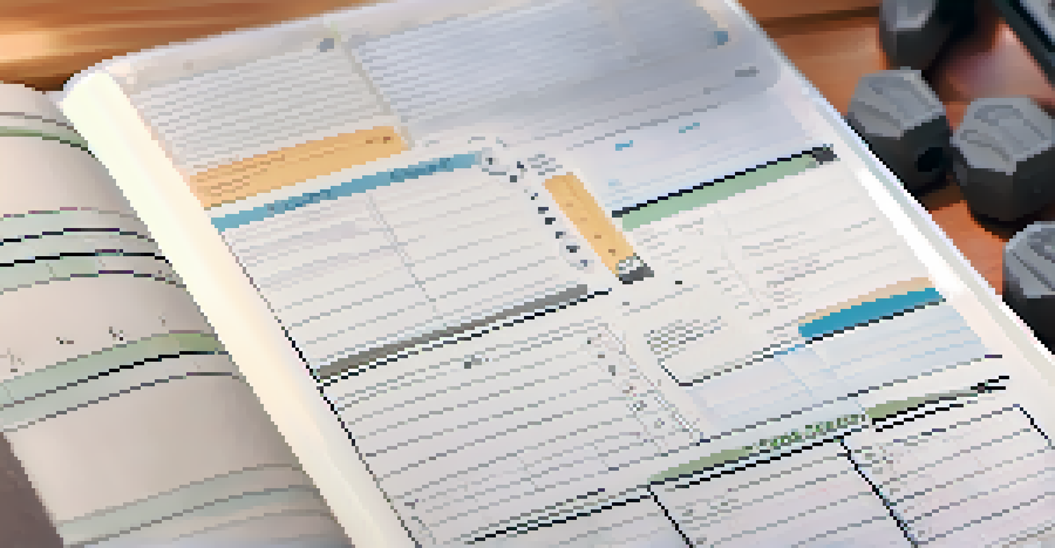 A close-up of an open workout journal with handwritten notes and progress charts, with blurred weights and exercise equipment in the background.