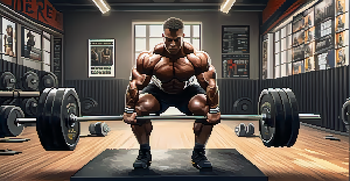 A determined powerlifter performing a heavy deadlift in a well-lit gym, with motivational posters in the background and rubber mat flooring.