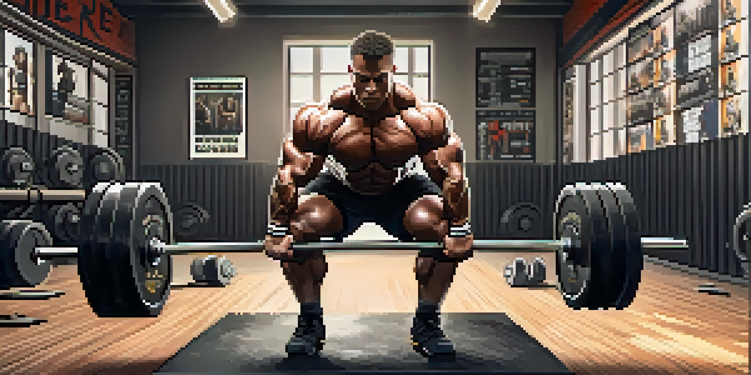 A determined powerlifter performing a heavy deadlift in a well-lit gym, with motivational posters in the background and rubber mat flooring.