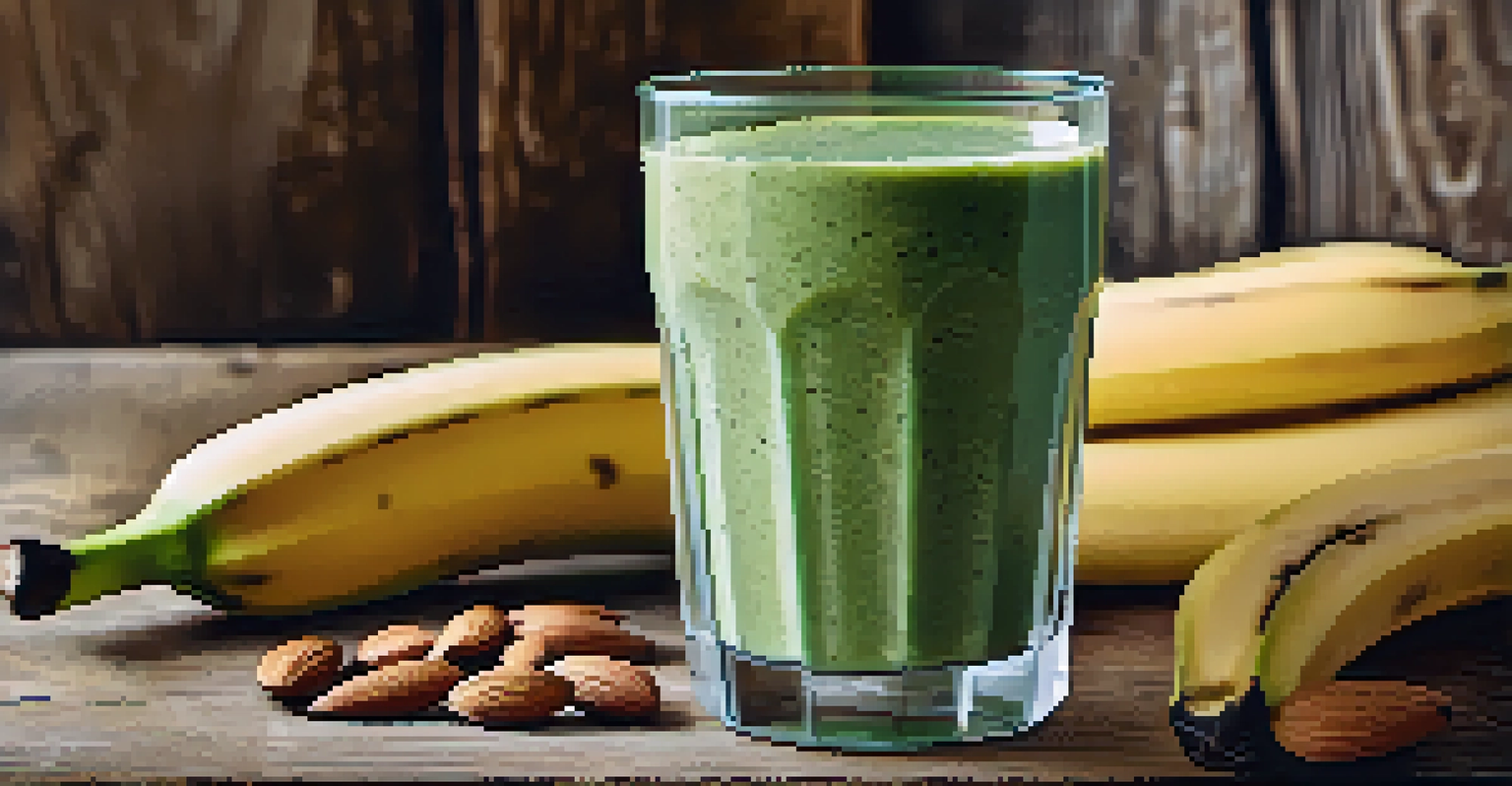 A close-up of a colorful post-workout smoothie made with protein powder, banana, and spinach on a rustic wooden table.
