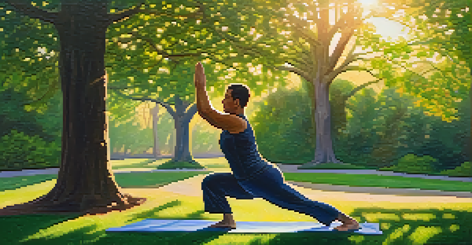A powerlifter practicing yoga outdoors in a park during the golden hour, surrounded by lush greenery and soft sunlight.