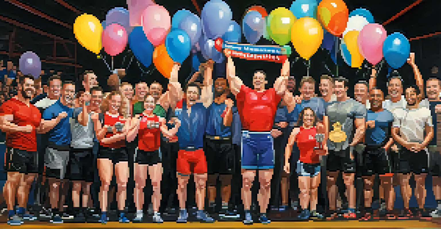 A group of powerlifters celebrating a milestone in a gym, with one athlete holding a trophy amidst a festive atmosphere.