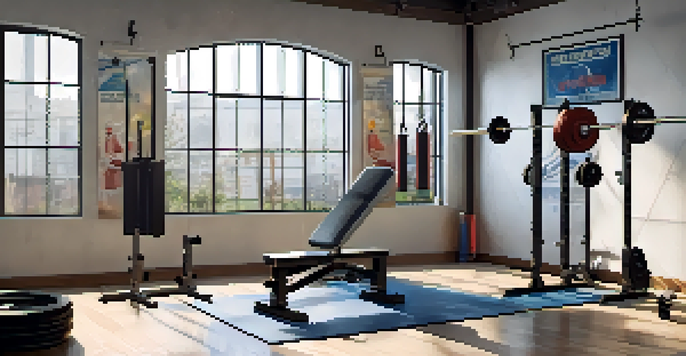 A bright home gym with a squat rack, Olympic barbell, and weights, illuminated by natural light.