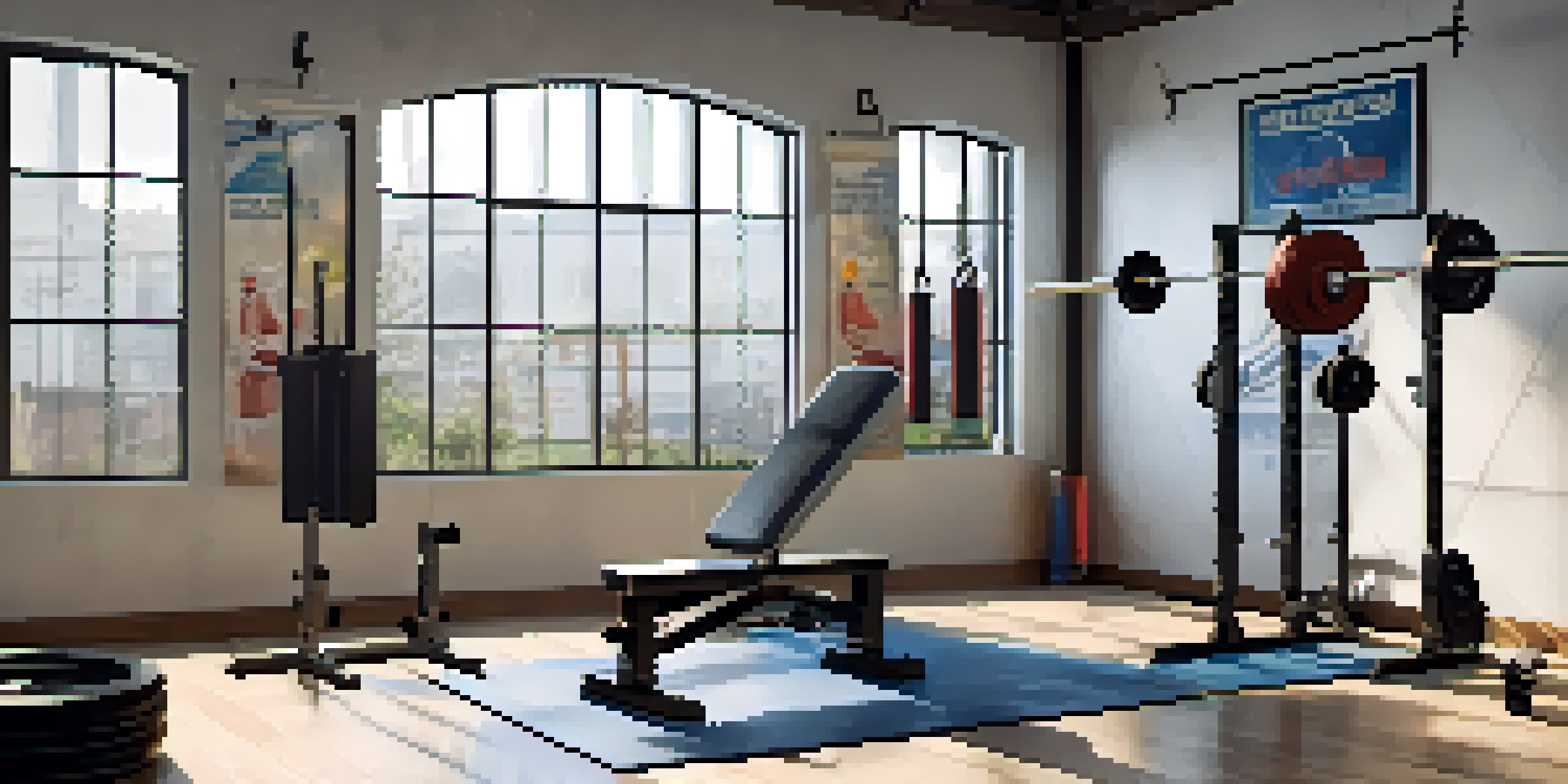 A bright home gym with a squat rack, Olympic barbell, and weights, illuminated by natural light.