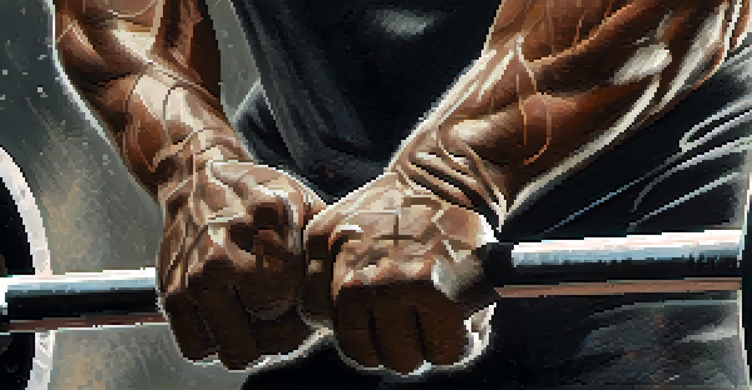 Close-up of a powerlifter's hands gripping a barbell, with chalk dust and emphasis on the barbell's texture.
