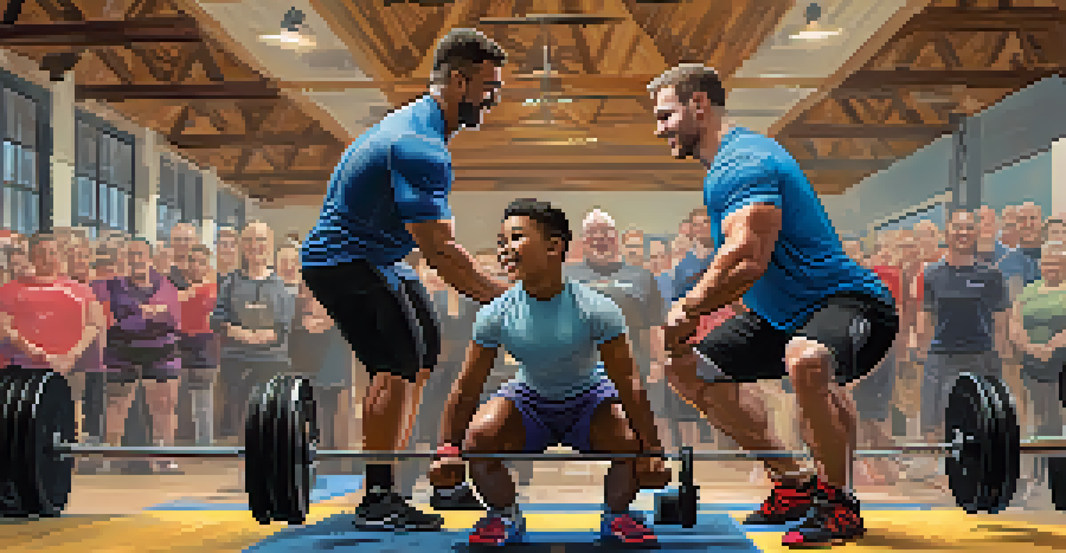 A seasoned athlete mentoring a young lifter at a powerlifting charity event, showcasing support and positivity.