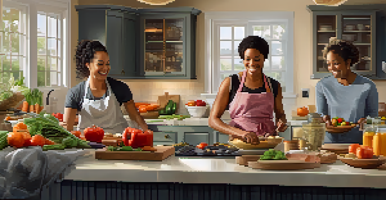 A family cooking a healthy meal together in a kitchen after a workout.