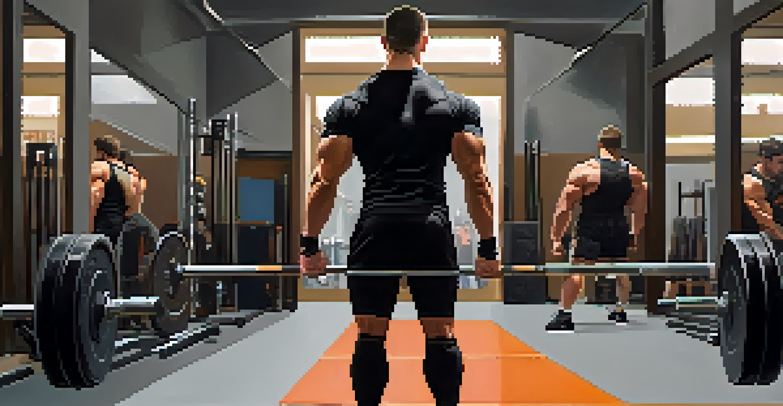 A powerlifter visualizing their lift in front of a mirror, demonstrating focus and determination in a busy gym.