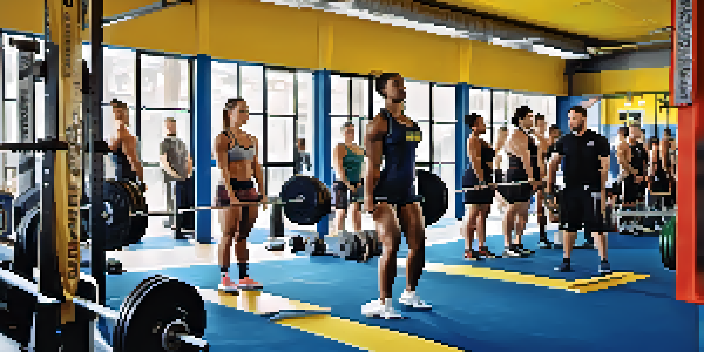 A diverse group of athletes in a gym, focusing on a strong female athlete performing a deadlift with bright lighting and motivational quotes on the walls.