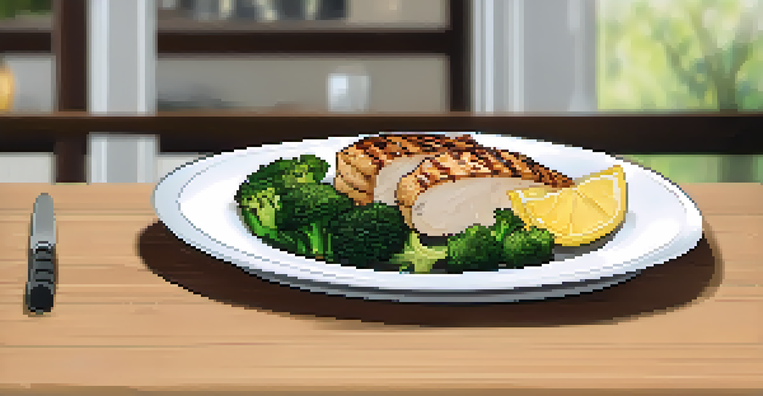 A nutritious meal for a powerlifter, including grilled chicken, broccoli, and brown rice on a rustic table.