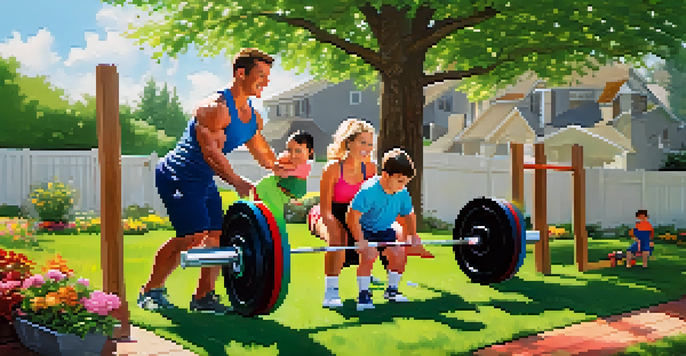 A family of four enjoying a powerlifting session in their backyard, lifting weights together with smiles and encouragement.