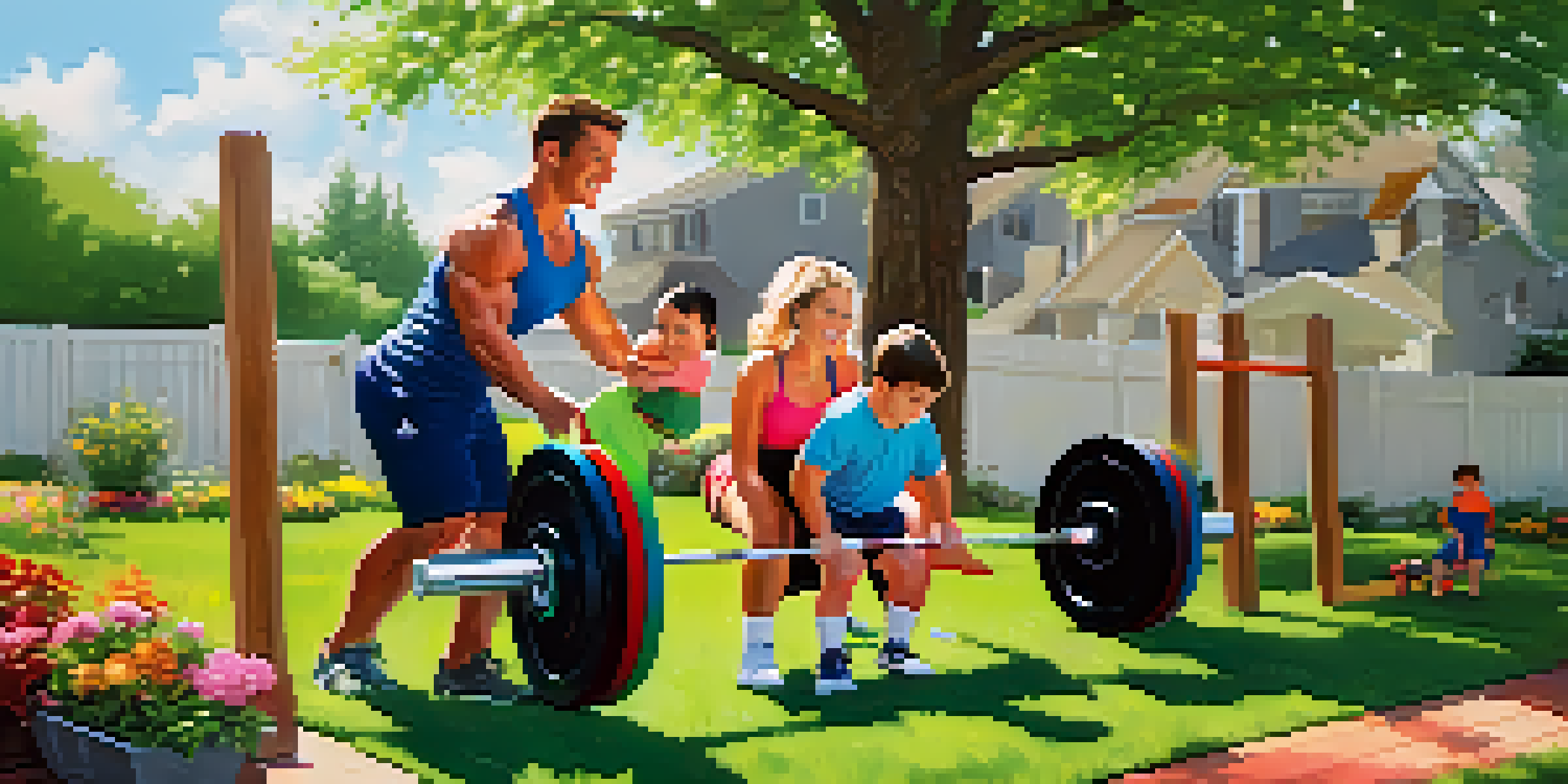 A family of four enjoying a powerlifting session in their backyard, lifting weights together with smiles and encouragement.