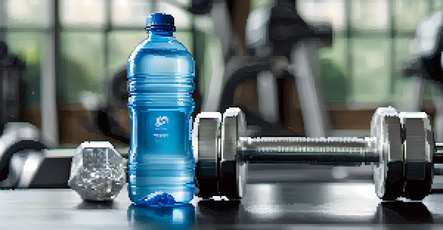 A close-up of a water bottle with condensation, next to weights in a busy gym.