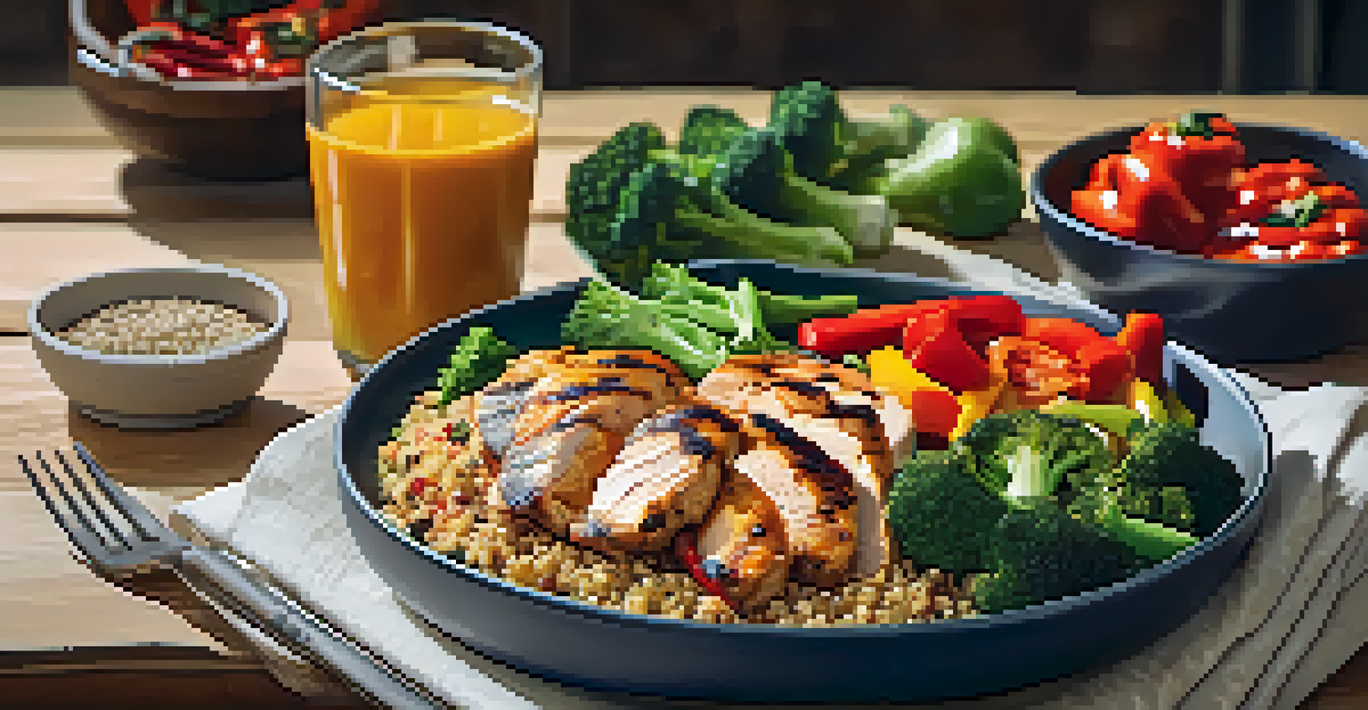 A balanced meal prep plate with grilled chicken, quinoa, and colorful vegetables in a rustic kitchen.