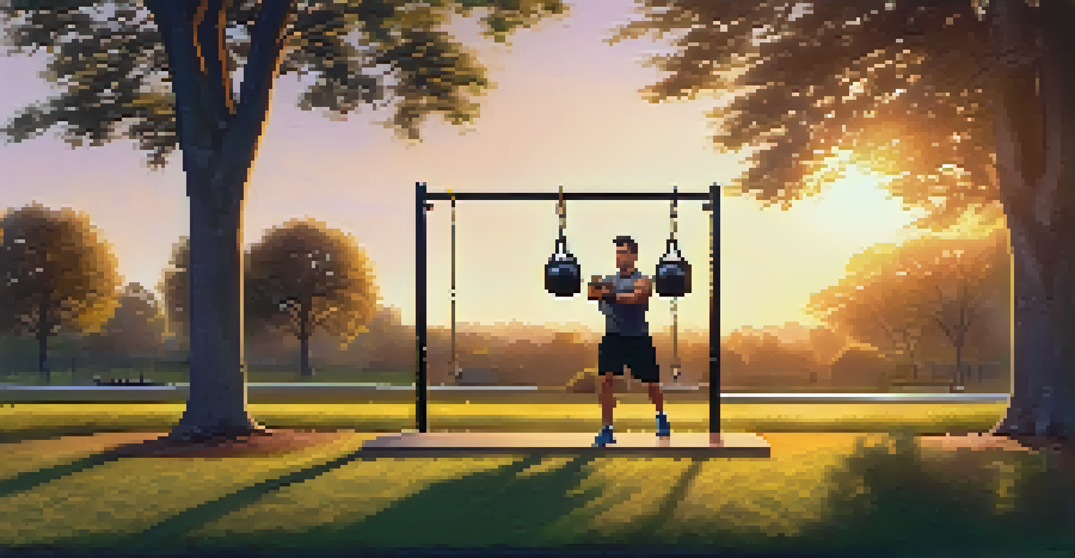 A lifter performing kettlebell swings in a park at sunset, surrounded by trees and grass.