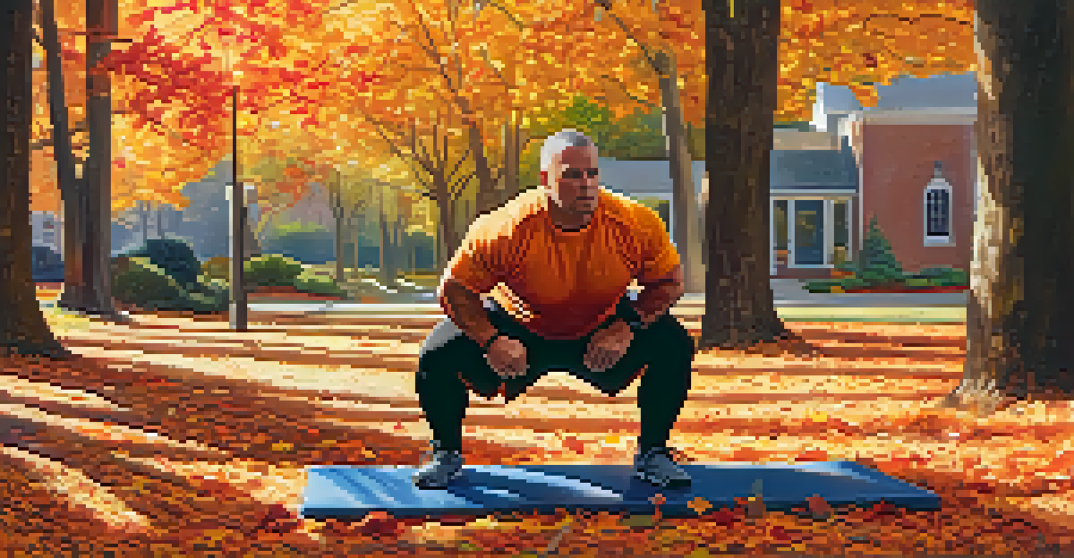 A powerlifter doing mobility exercises outdoors in autumn, surrounded by colorful fall leaves and warm golden sunlight.