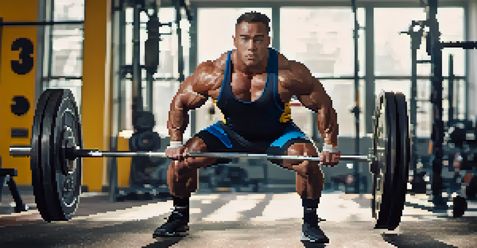 A powerlifter lifting a barbell in a bright gym, wearing a singlet and knee sleeves, with motivational posters in the background.