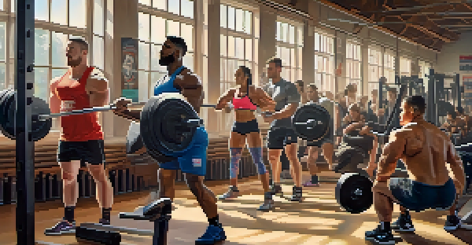 A diverse group of powerlifters lifting weights in a brightly lit gym, showcasing determination and camaraderie.