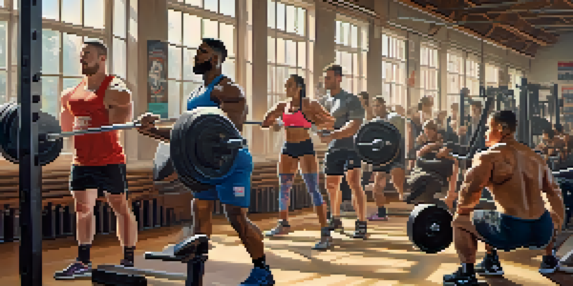 A diverse group of powerlifters lifting weights in a brightly lit gym, showcasing determination and camaraderie.