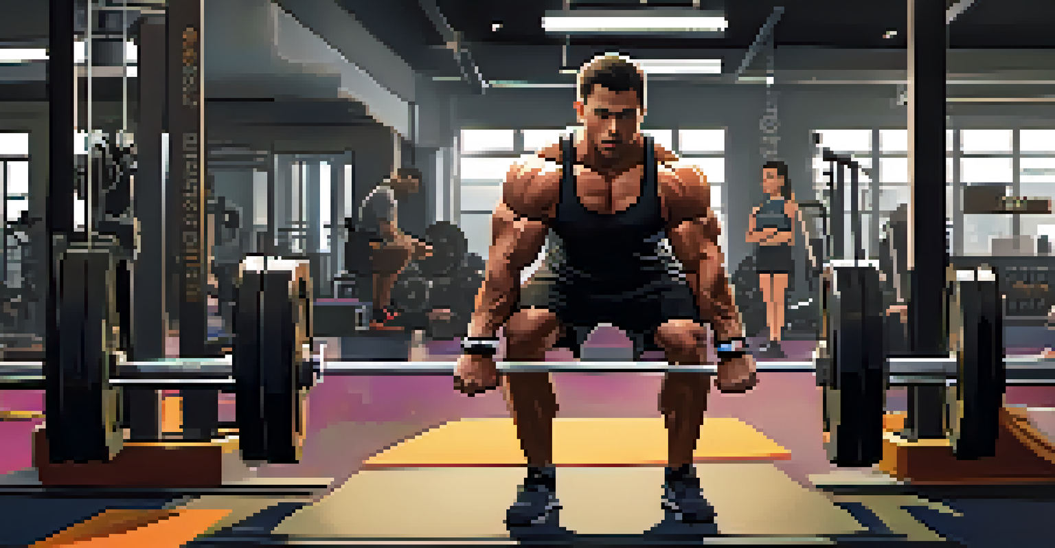 A person lifting weights in a gym while performing a deadlift, with gym equipment and motivational quotes around.