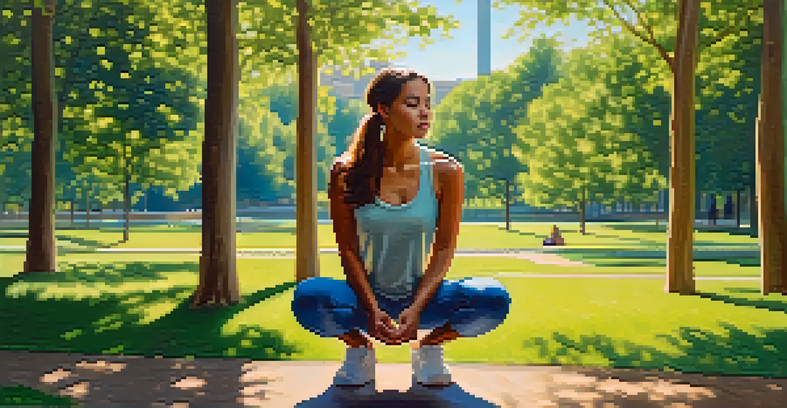 A person performing squats outdoors in a park, surrounded by trees and sunlight, creating a warm and inviting atmosphere.
