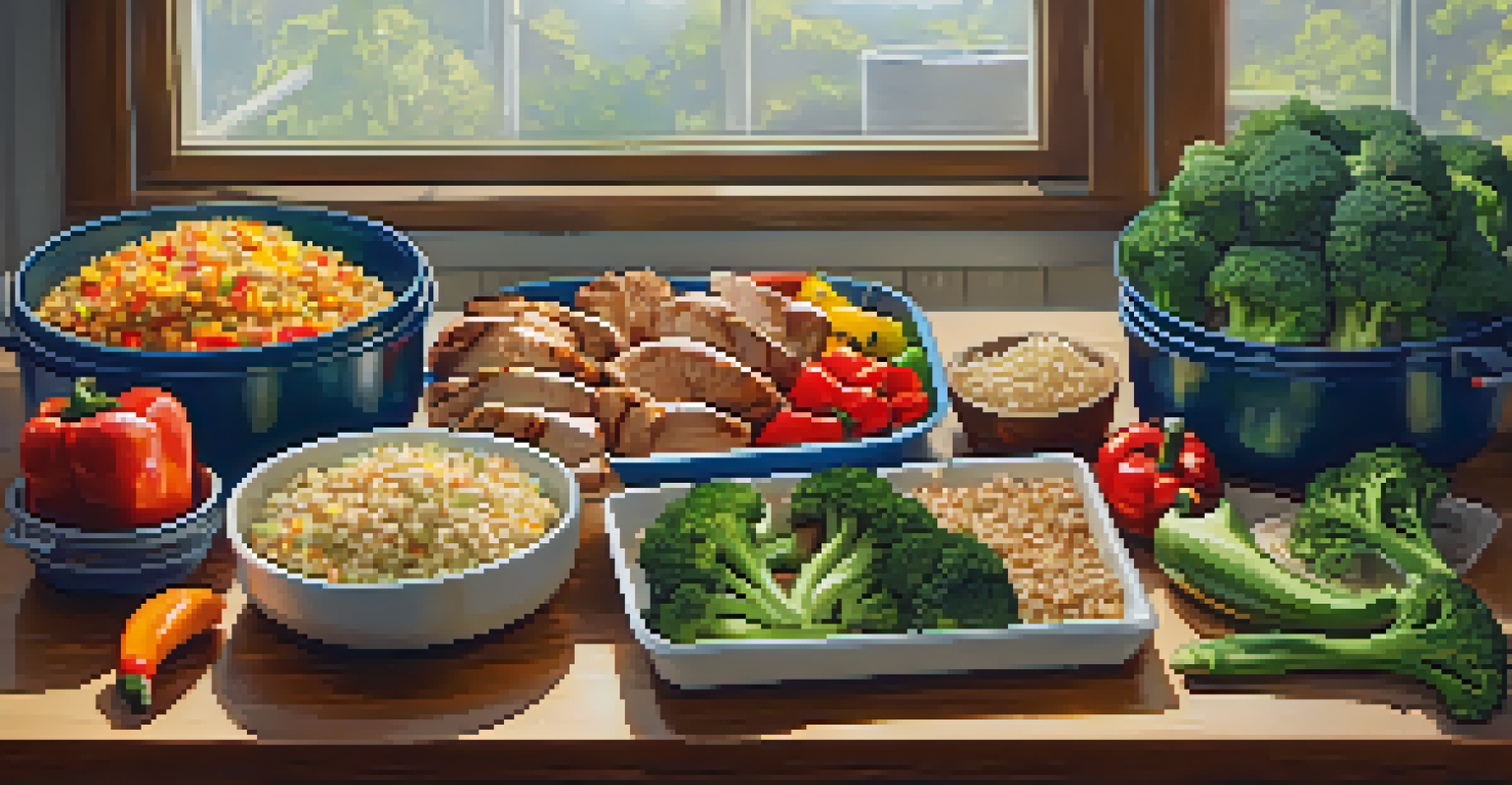 A meal prep scene for powerlifters, showing healthy food options like grilled chicken and quinoa on a wooden table.