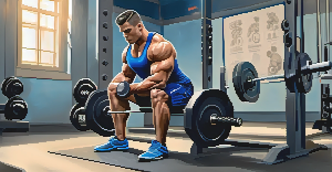 A powerlifter lifting weights in a gym, while a nutrition coach watches and provides guidance.