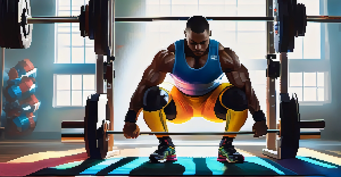 A powerlifter's knees wrapped in colorful knee wraps, set in a well-lit gym with weightlifting equipment in the background.