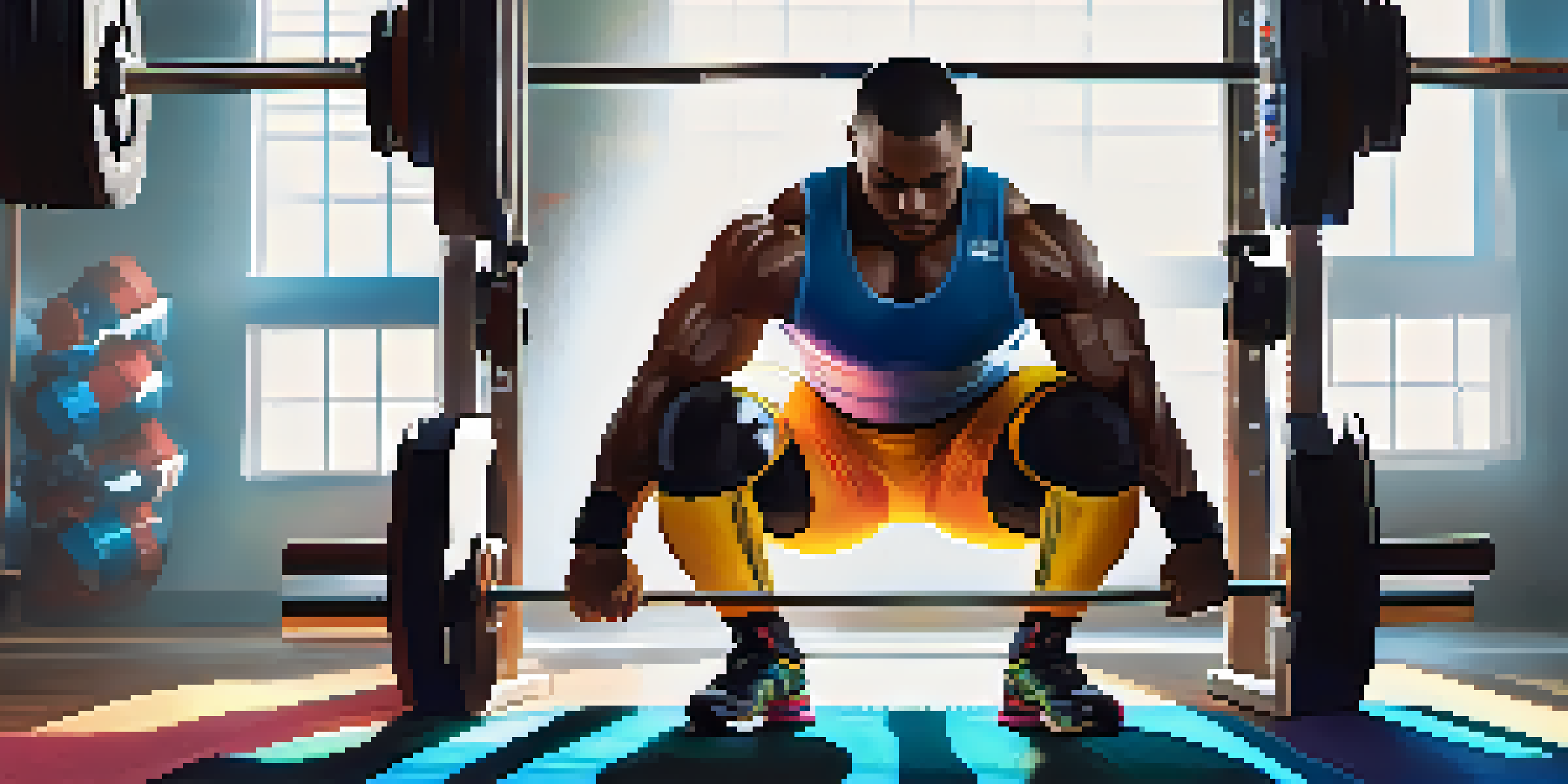 A powerlifter's knees wrapped in colorful knee wraps, set in a well-lit gym with weightlifting equipment in the background.