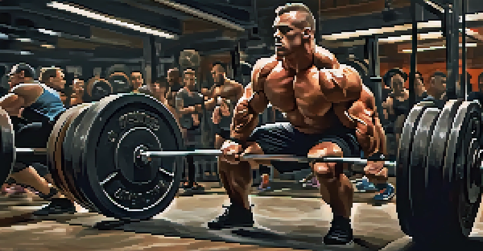 A focused powerlifter performing a heavy squat in a gym, surrounded by weights and fitness equipment.