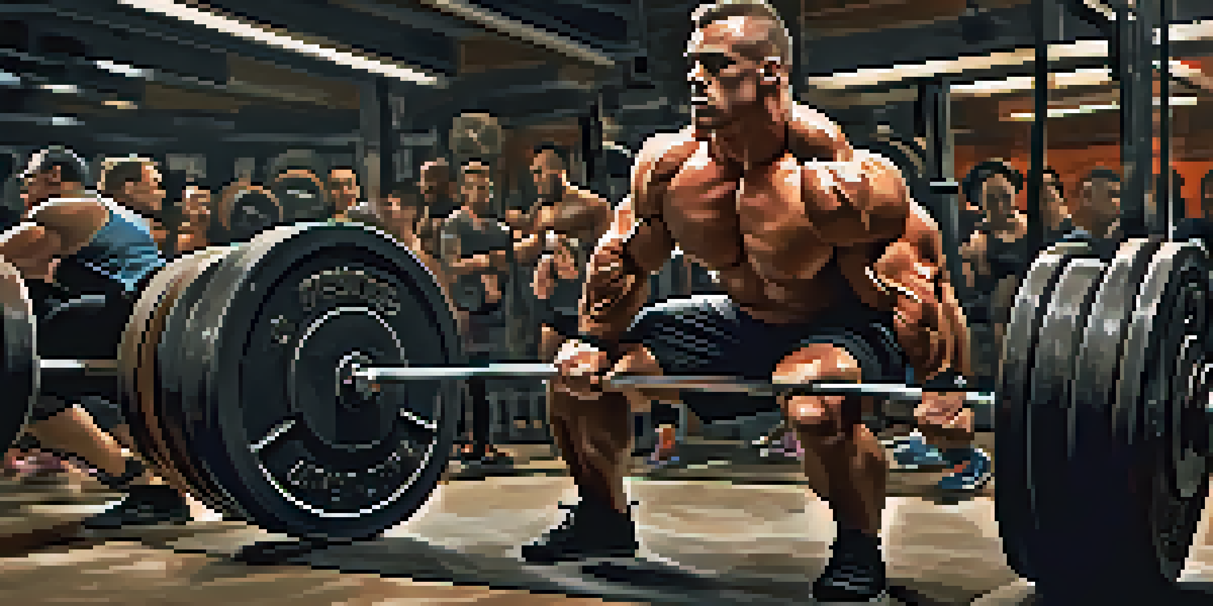 A focused powerlifter performing a heavy squat in a gym, surrounded by weights and fitness equipment.
