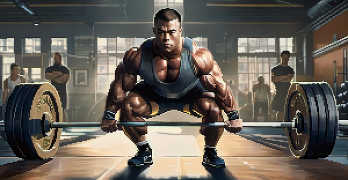A muscular powerlifter intensely lifting a barbell in a gym, with gym equipment and motivational posters in the background.