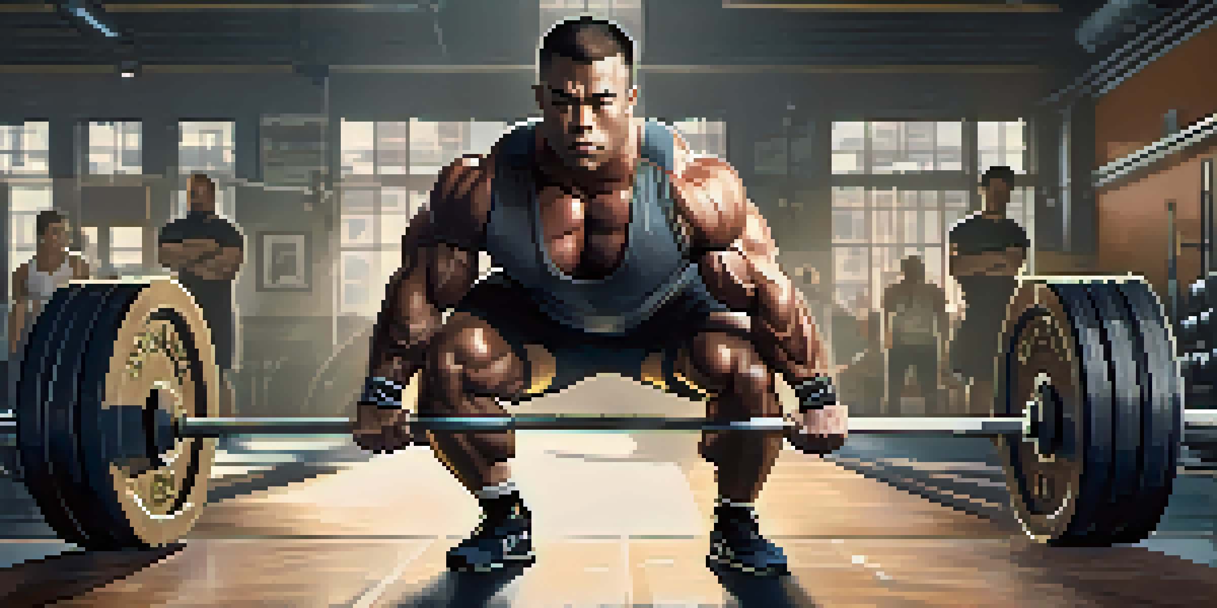 A muscular powerlifter intensely lifting a barbell in a gym, with gym equipment and motivational posters in the background.