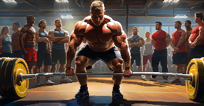 A muscular powerlifter performing a deadlift in a gym, surrounded by cheering teammates and gym equipment under warm lighting.