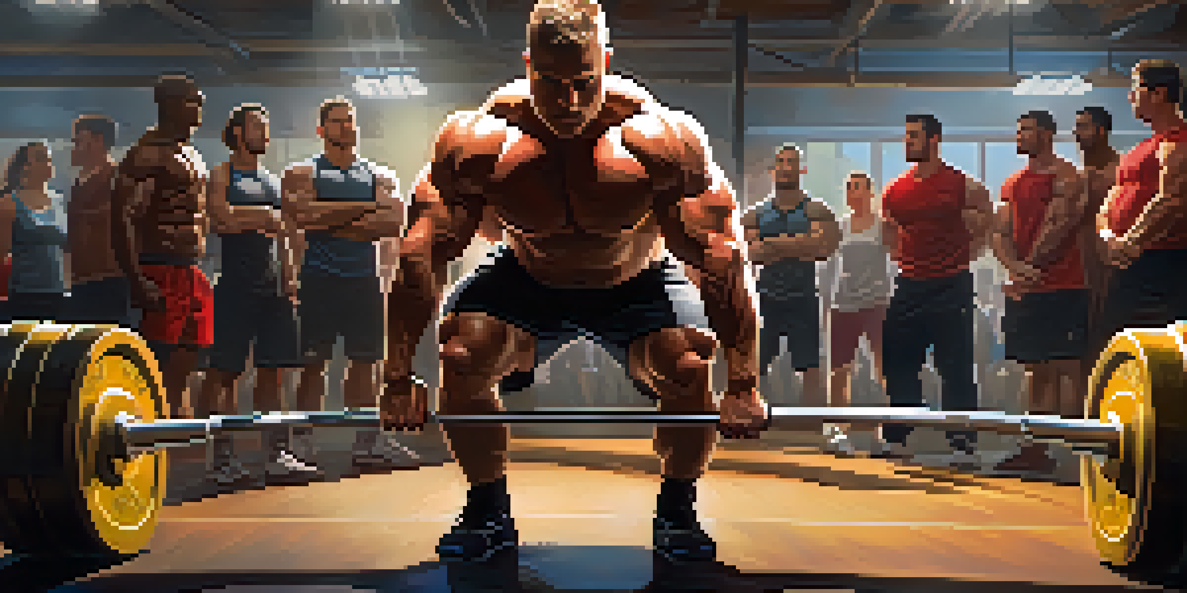 A muscular powerlifter performing a deadlift in a gym, surrounded by cheering teammates and gym equipment under warm lighting.