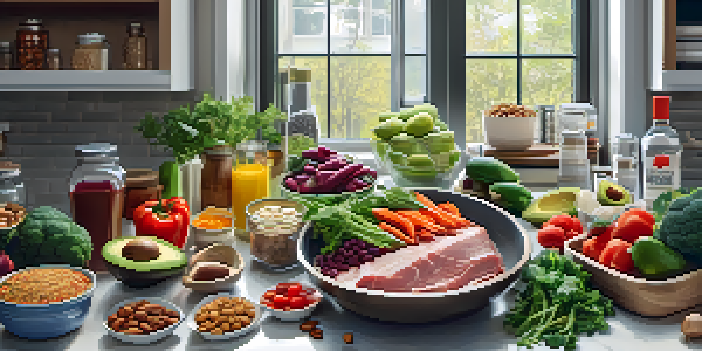 A kitchen countertop filled with fresh vegetables, lean meats, whole grains, and healthy fats, illuminated by natural light.