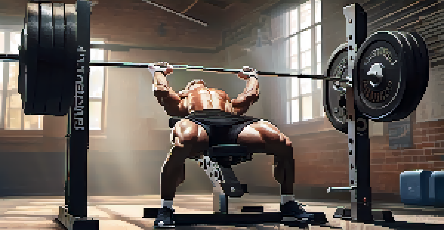 A customized powerlifting bench press setup featuring supportive braces and adjustable weights, illuminated by soft natural light, with motivational posters in the background.