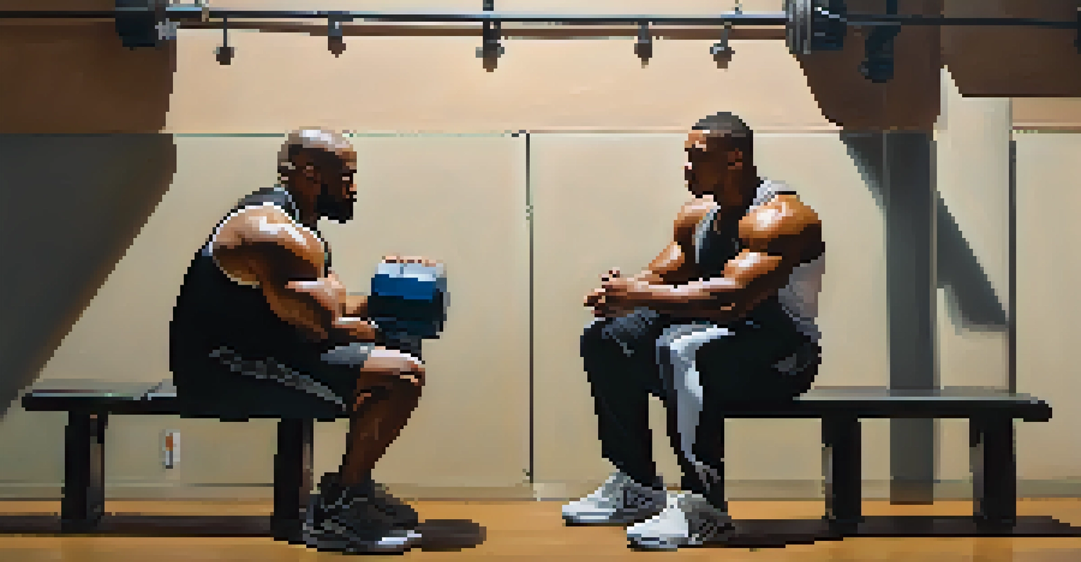 Two powerlifters sitting together in a gym, having a deep conversation about mental health, surrounded by weights in a warm-lit environment.