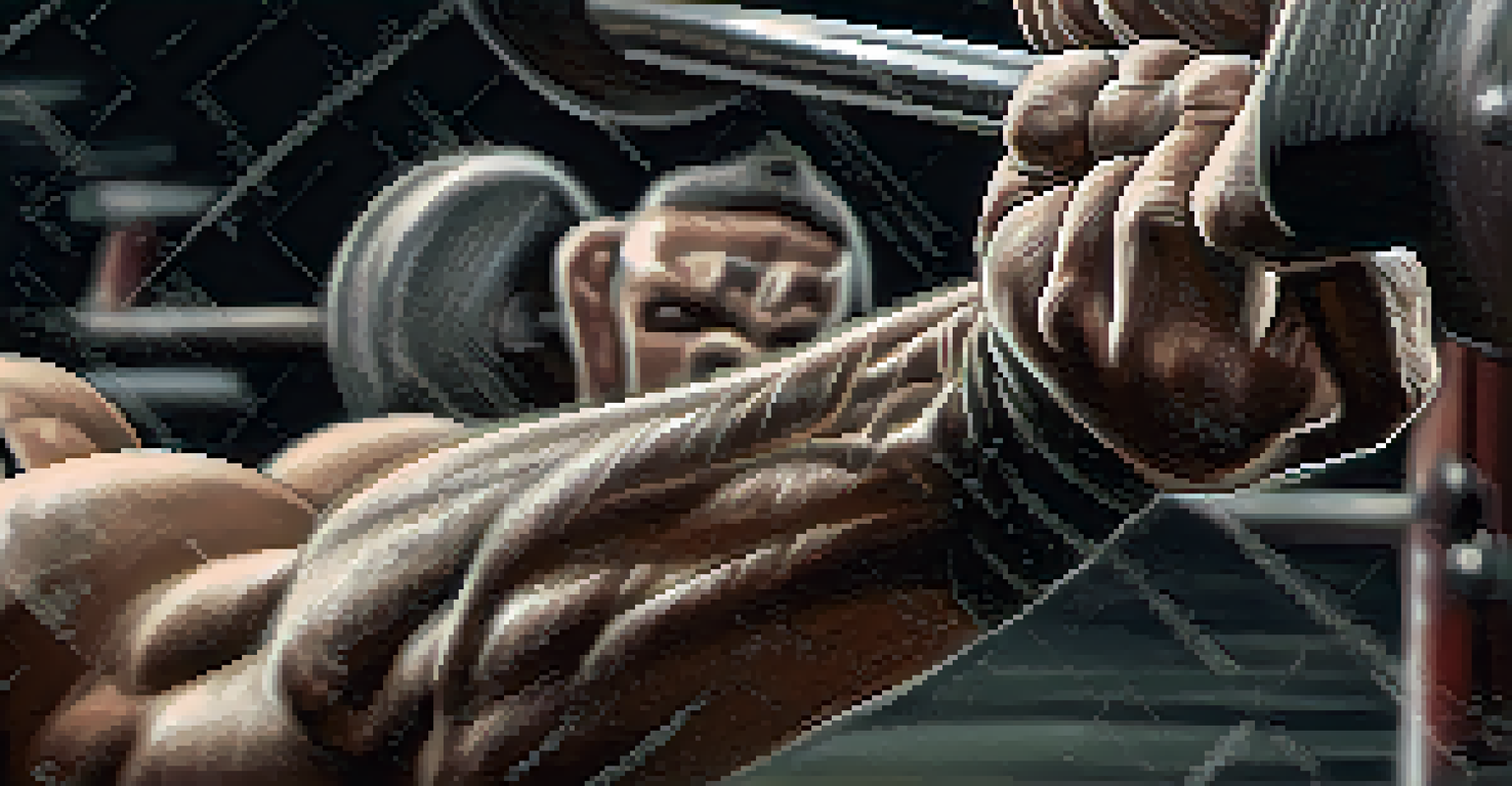 A close-up of a powerlifting athlete's hands gripping a barbell with chalk dust in the air, highlighting strength and preparation.