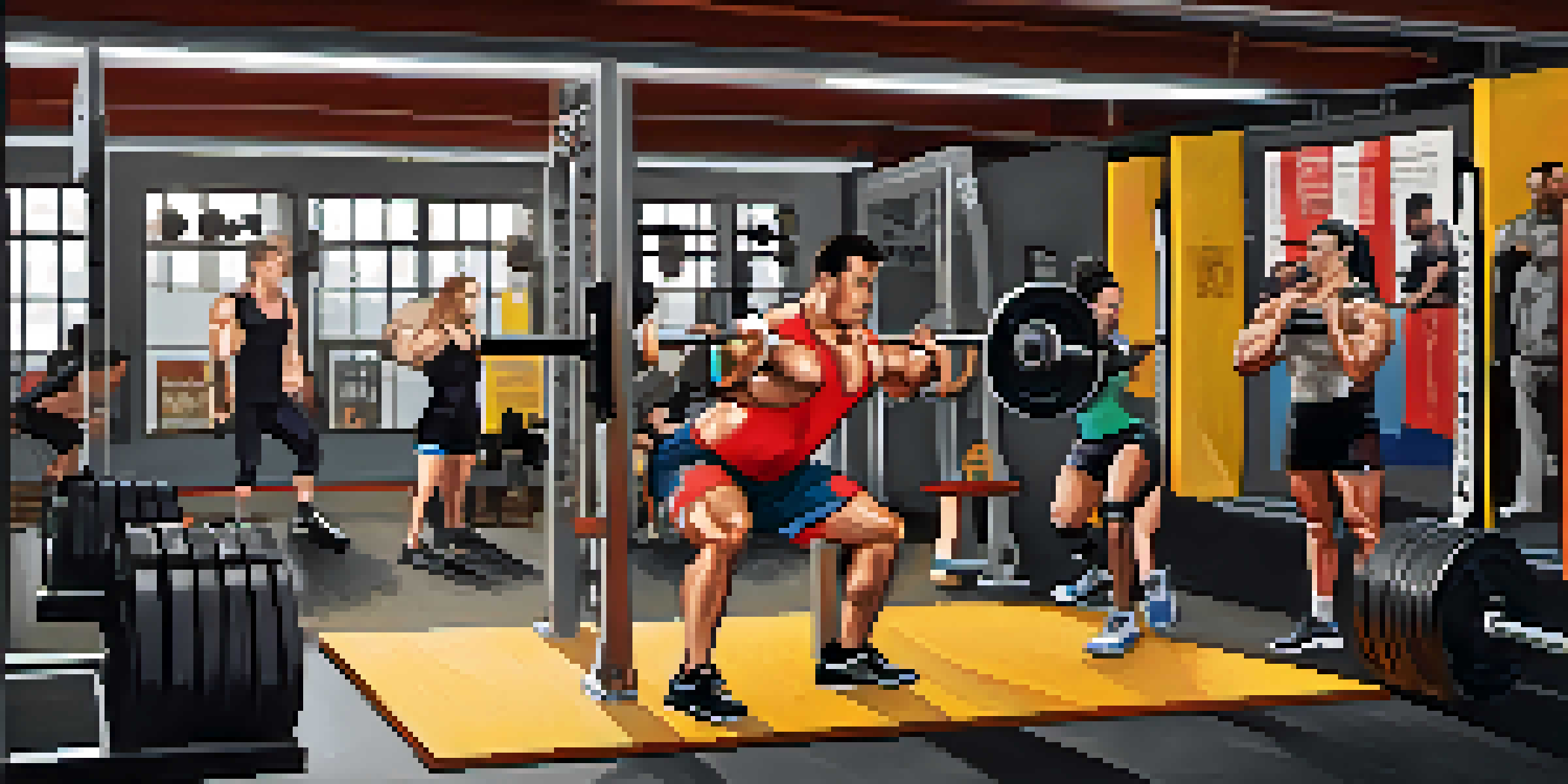 A powerlifting gym with diverse individuals lifting weights, showcasing a supportive environment.