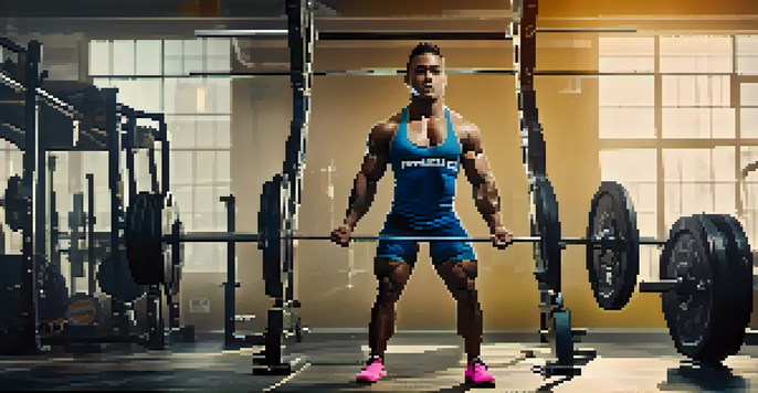 A powerlifter in a gym, wearing a squat suit and preparing to lift a barbell, with a determined look.