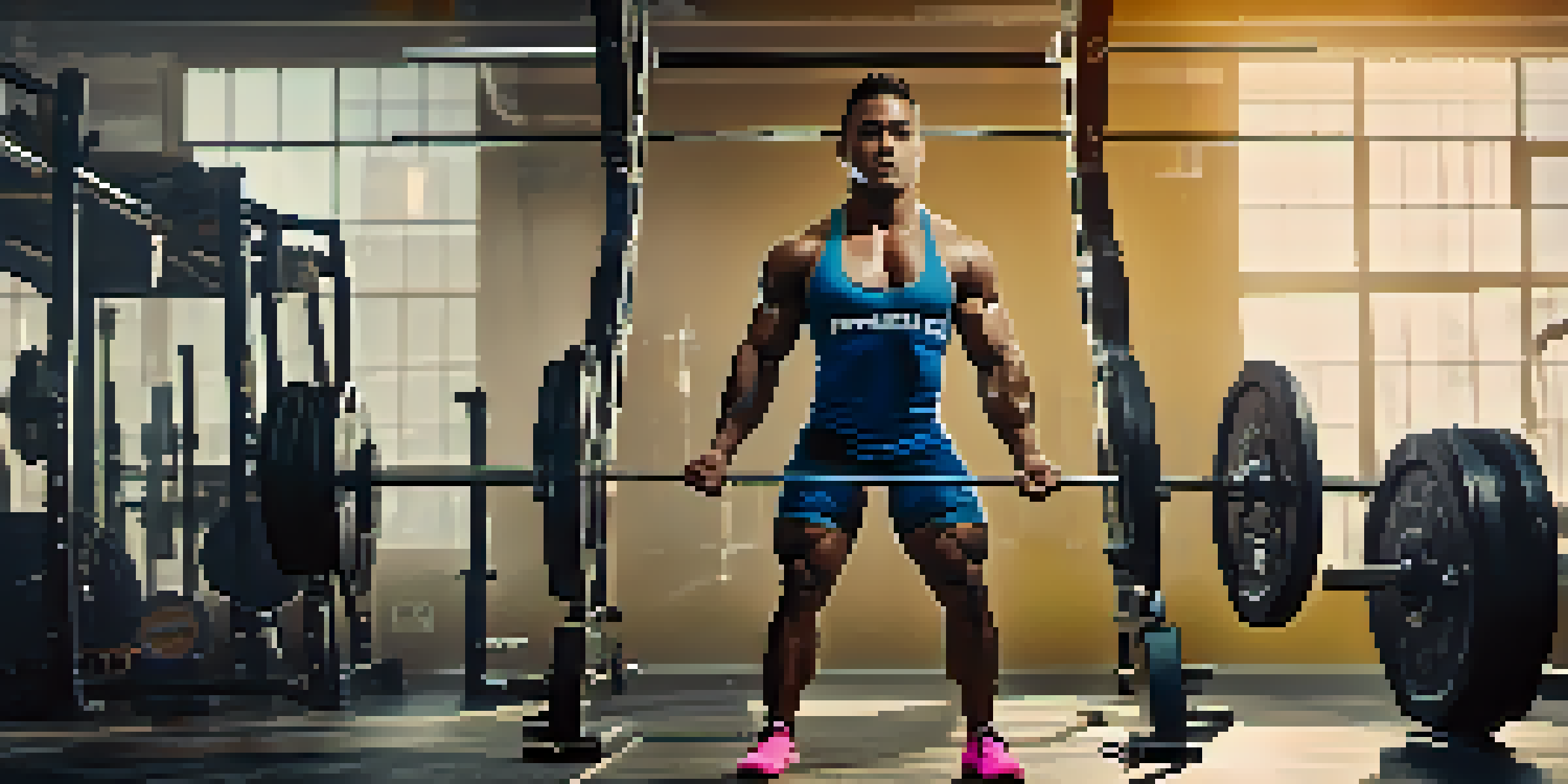 A powerlifter in a gym, wearing a squat suit and preparing to lift a barbell, with a determined look.