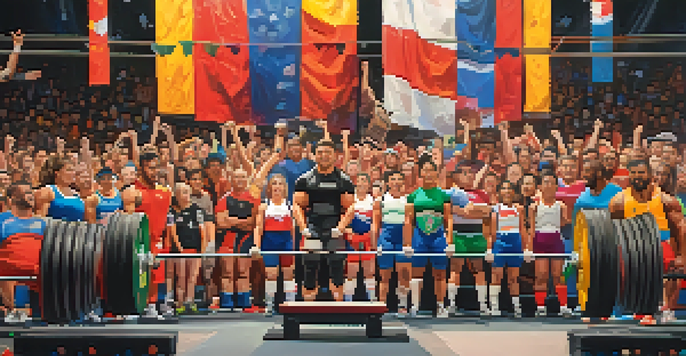 Diverse athletes participating in a powerlifting competition, lifting weights with an enthusiastic audience cheering in the background.