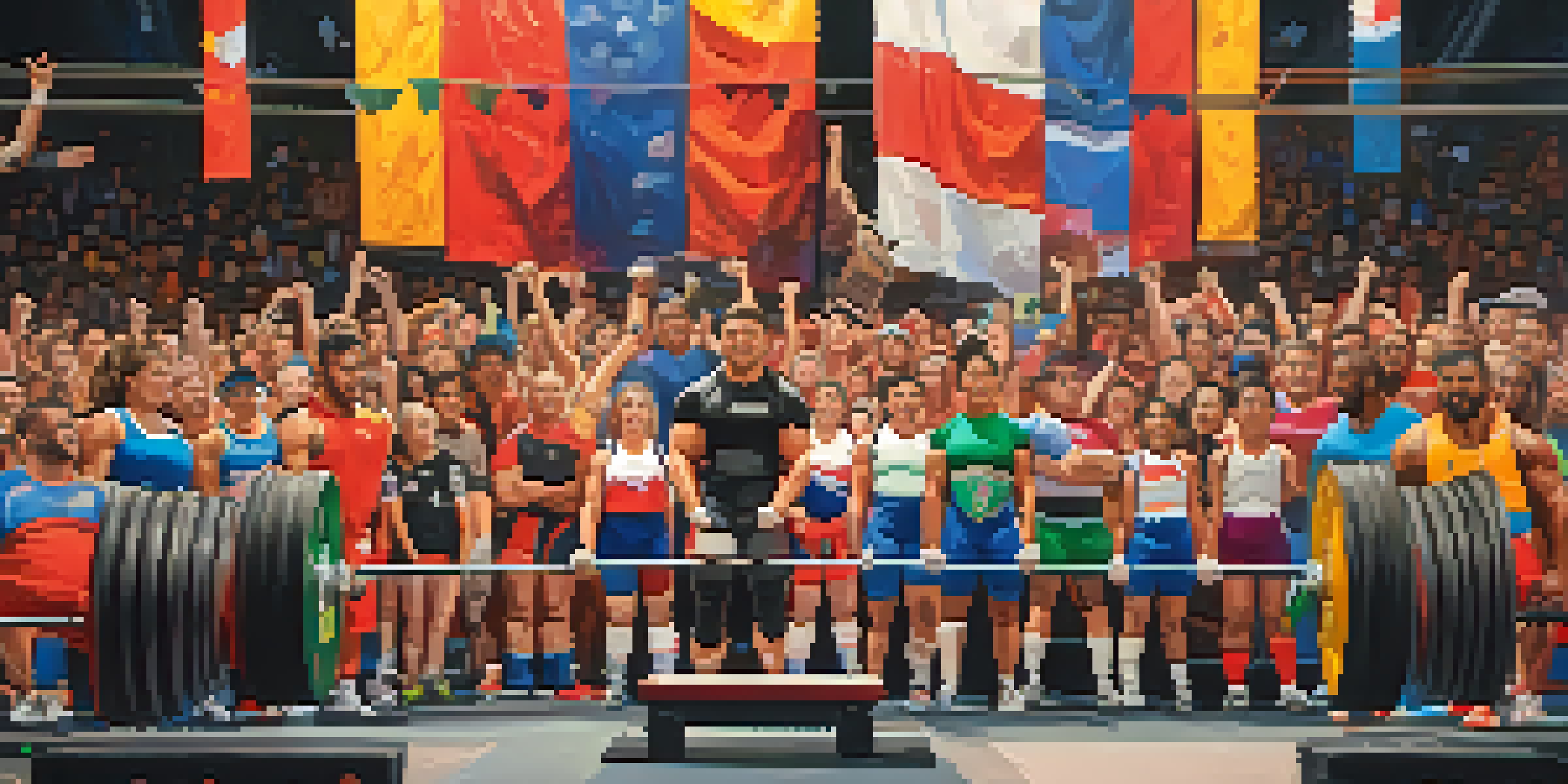 Diverse athletes participating in a powerlifting competition, lifting weights with an enthusiastic audience cheering in the background.