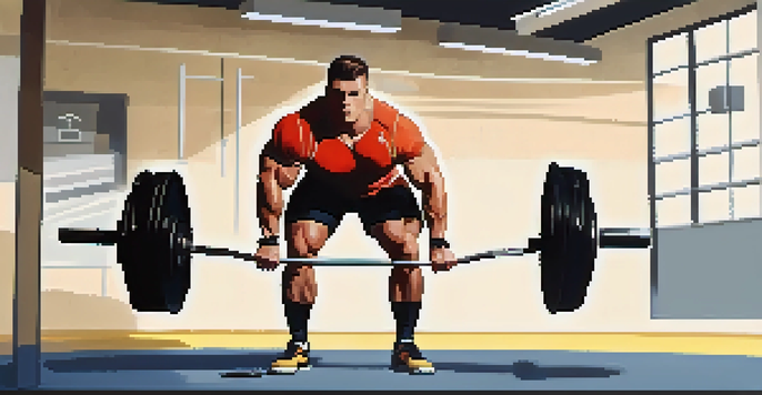 A powerlifter lifting a heavy weight in a gym, with various weights in the background and bright lighting.