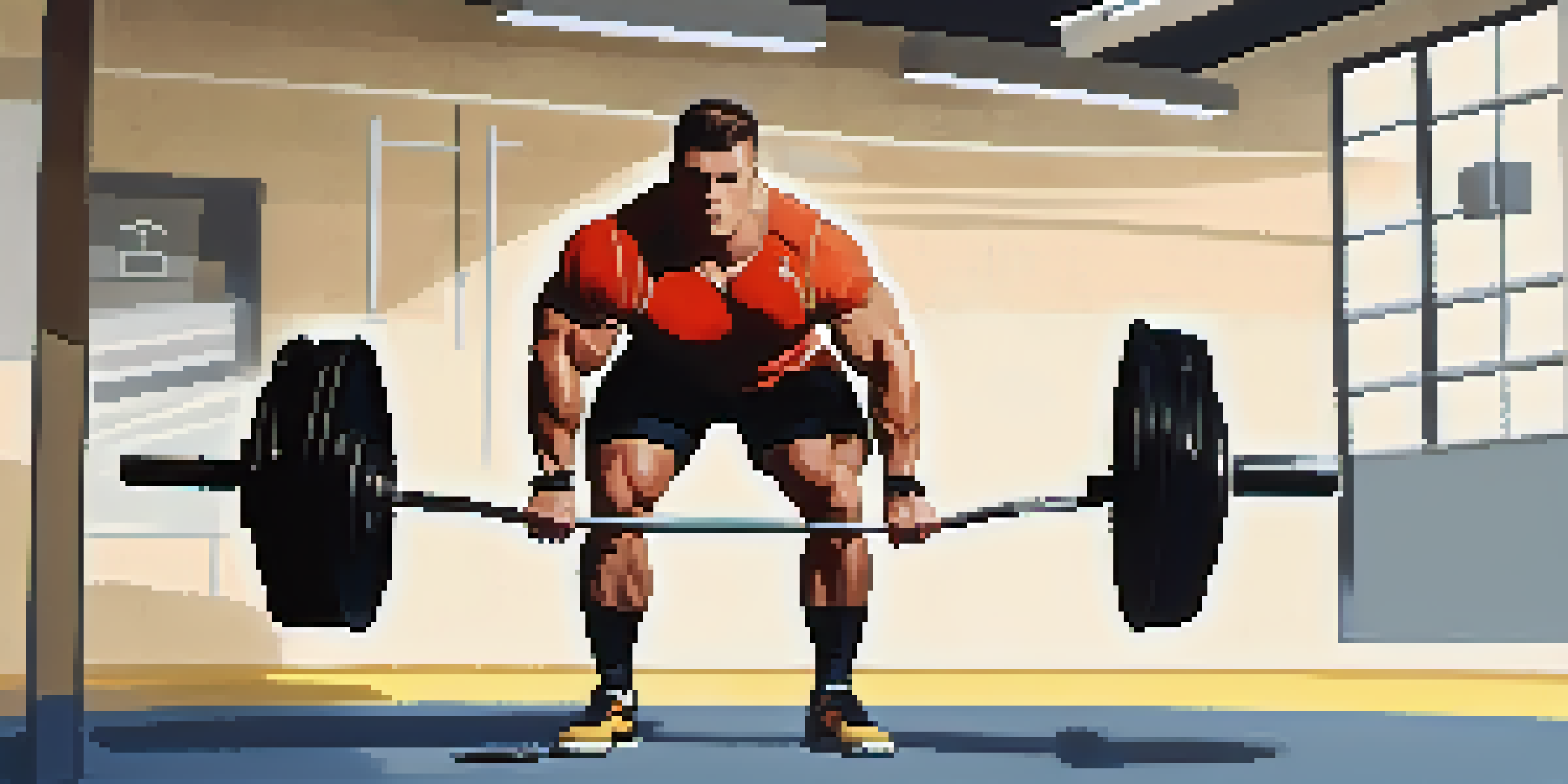 A powerlifter lifting a heavy weight in a gym, with various weights in the background and bright lighting.