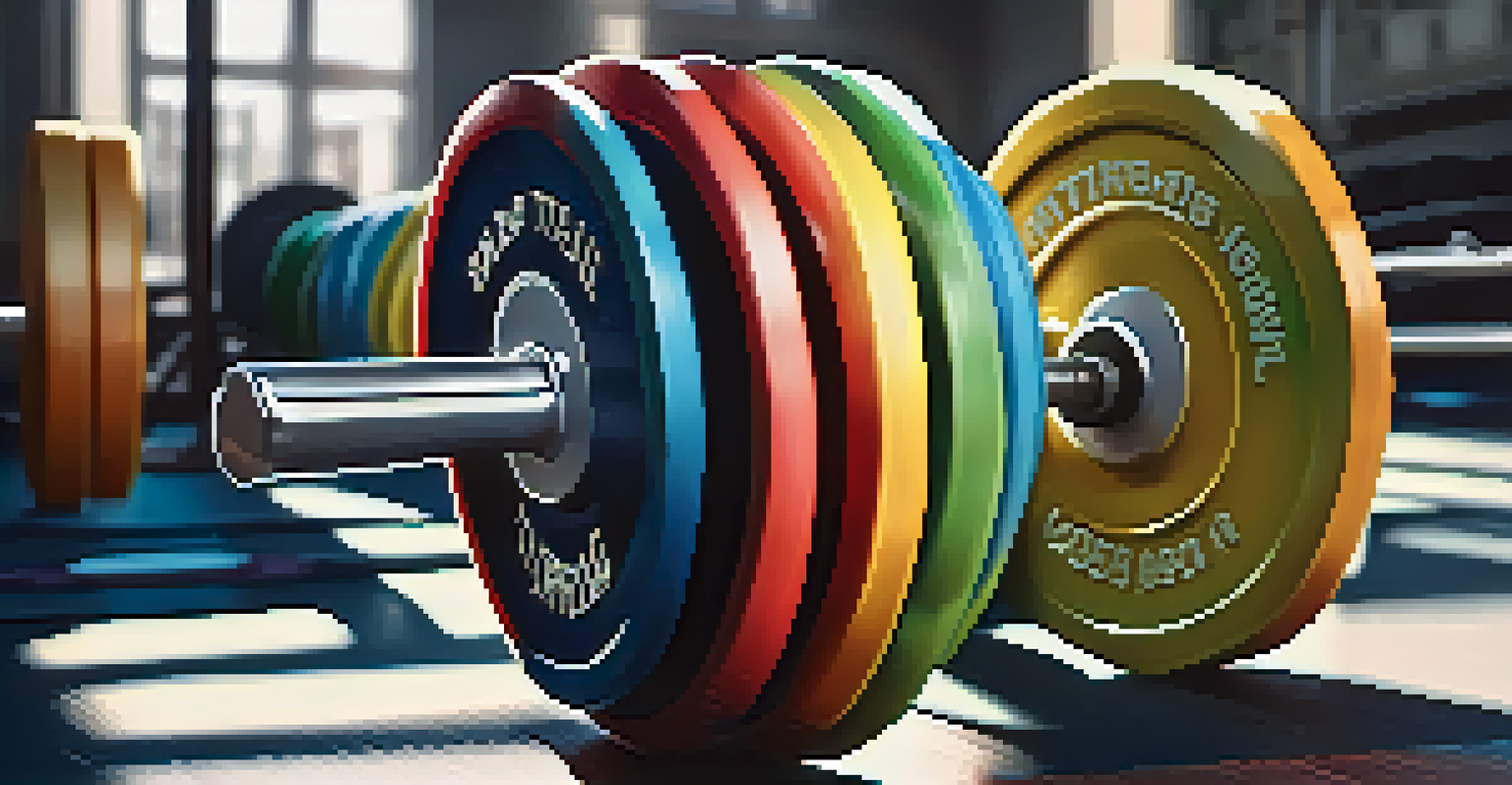 Close-up of a loaded powerlifting barbell on a gym floor with colorful weight plates.
