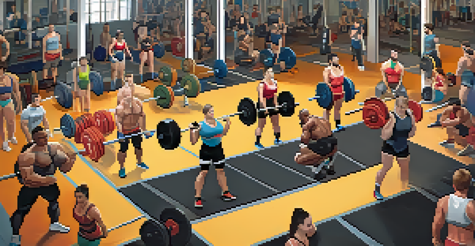 An overhead view of diverse powerlifters performing deadlifts in a vibrant gym setting, emphasizing teamwork and strength.