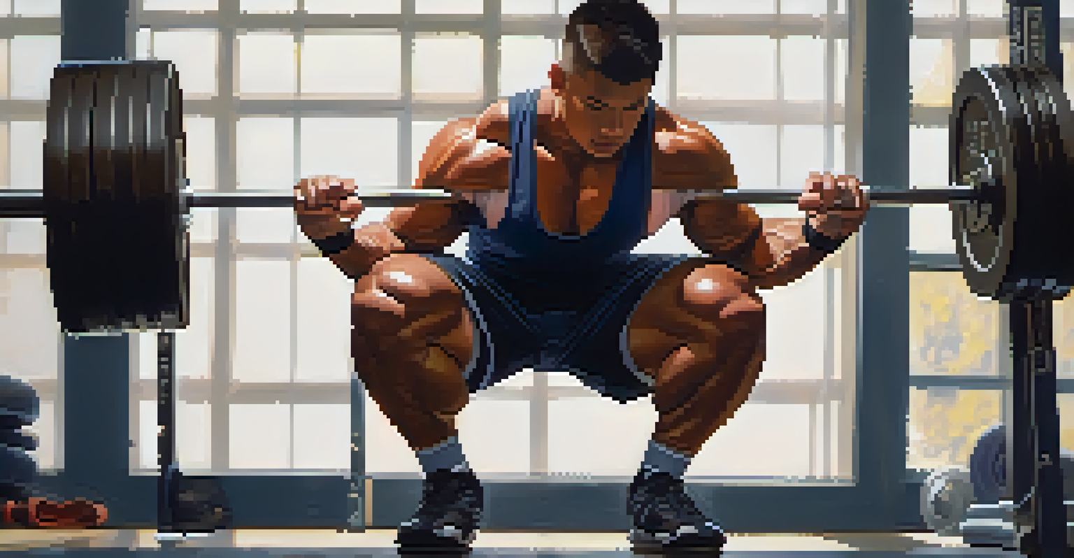 A powerlifter in specialized shoes and knee sleeves, focused on preparing for a squat, with bright gym lighting.